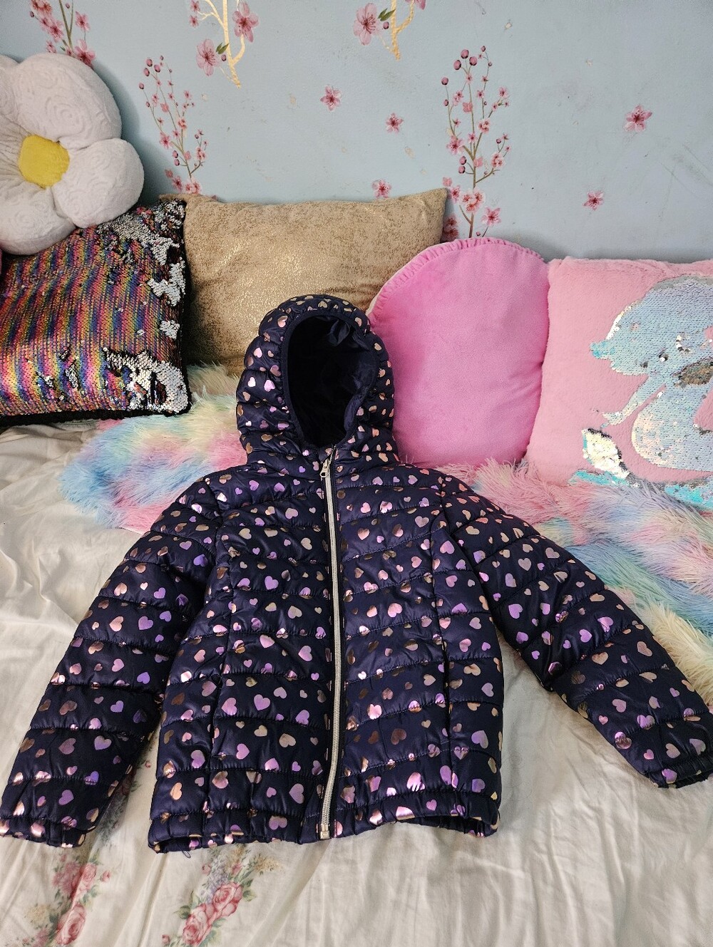 Lupilu   Kids Navy Puffer Jacket with Shiny Pink Heart Print